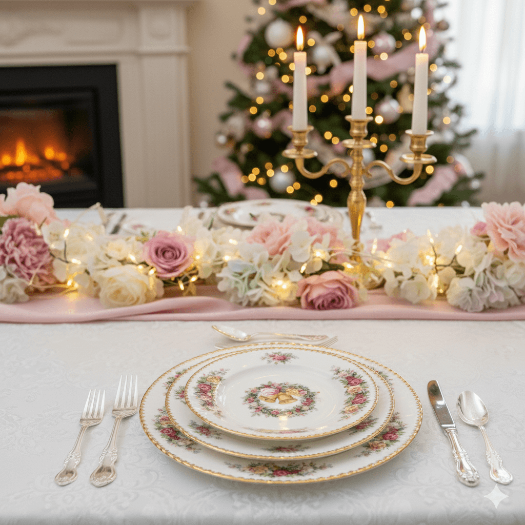 Elegant Christmas table setting with floral china, silver cutlery, pink and white flowers, fairy lights, and a lit candelabra.