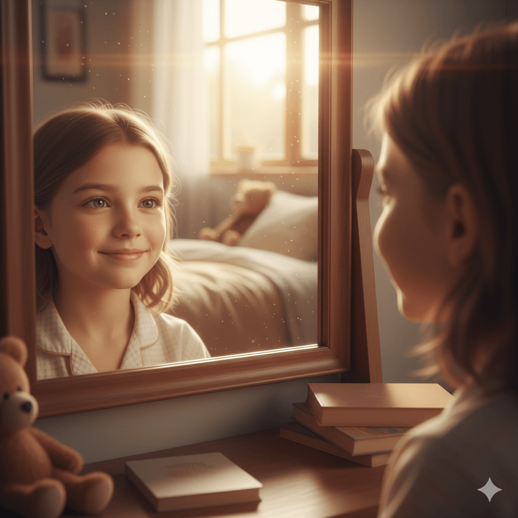 Young girl in pajamas smiling at her reflection in a bedroom mirror with soft sunlight and a teddy bear nearby