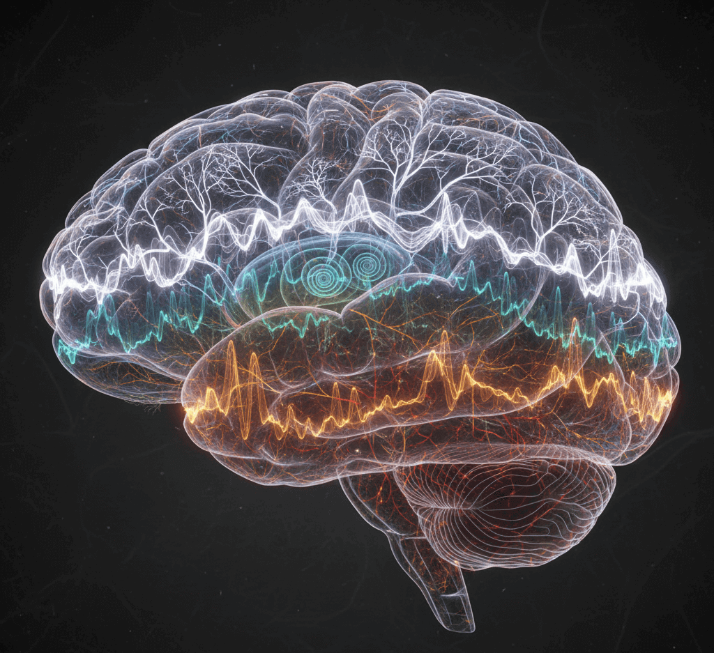 Transparent 3D brain illustration with colorful neural activity waves on a black background.