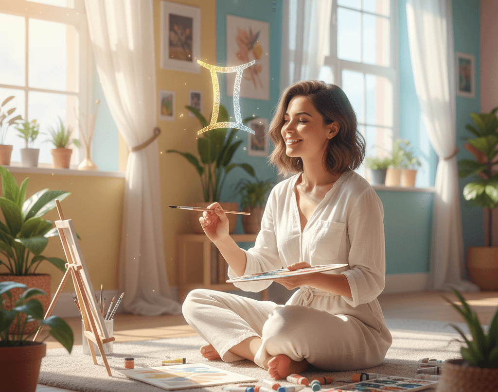 Woman painting indoors with a glowing Gemini zodiac symbol above her in a sunlit room.