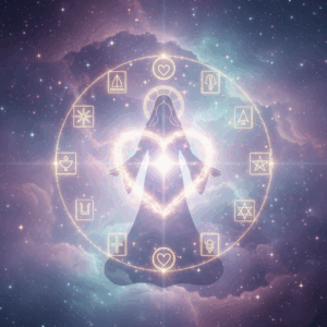 Silhouette of a meditating figure with glowing heart and mystical symbols in a cosmic starry background.
