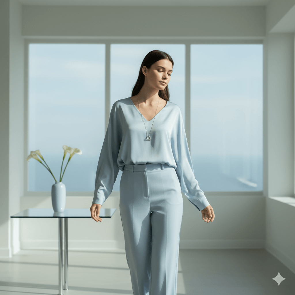 Woman in light blue blouse and pants standing near window with vase of white flowers on glass table
