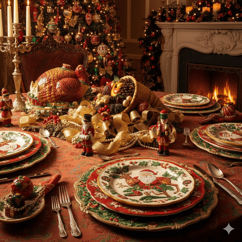 Christmas-themed dining table with Santa plates, nutcracker figurines, cornucopia centerpiece, and a lit fireplace in the background