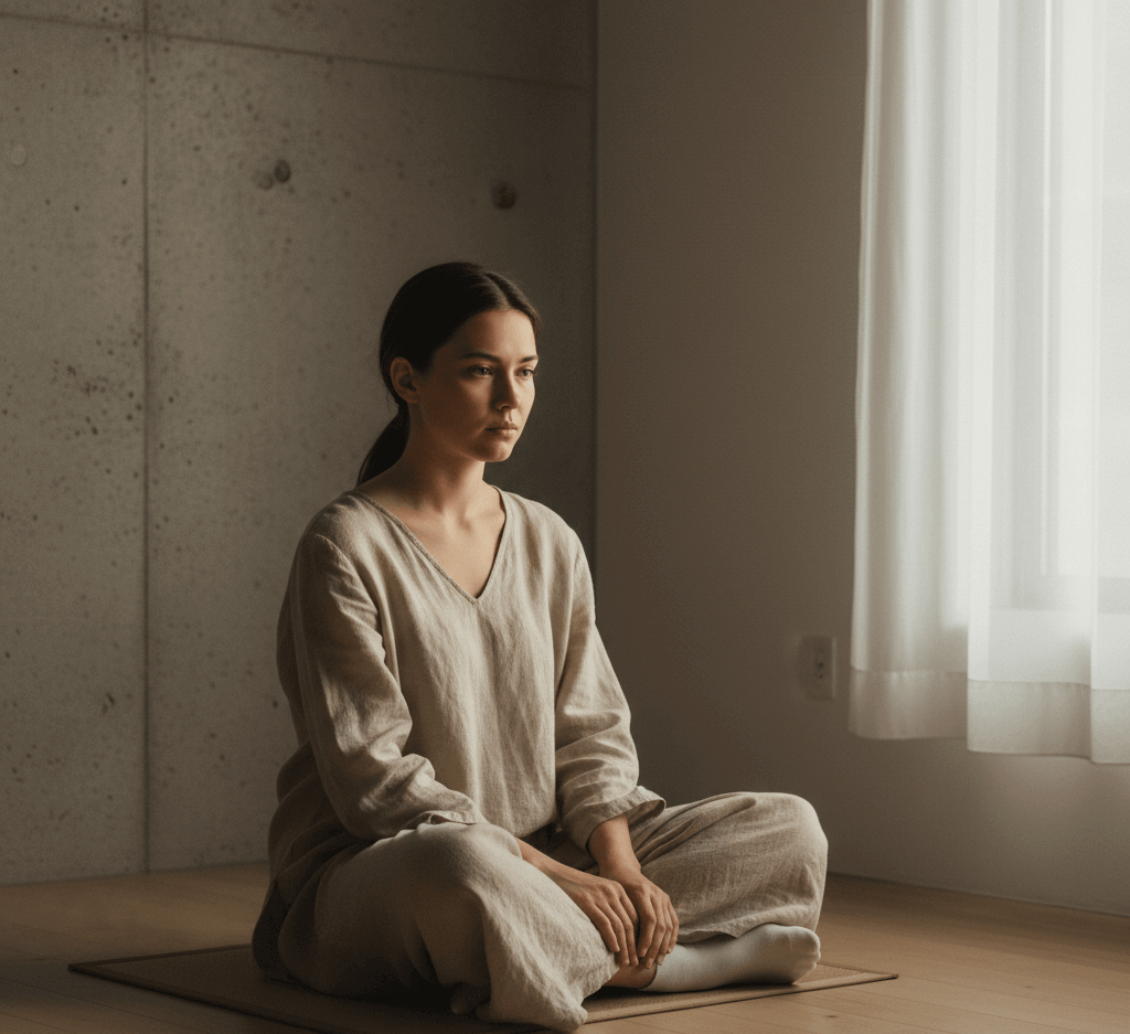 Woman in beige linen outfit sitting cross-legged on a mat in a minimalist room with natural light from a window.