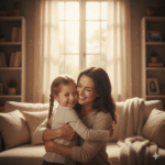 Mother and daughter smiling and hugging in a cozy living room with warm sunlight through the window.