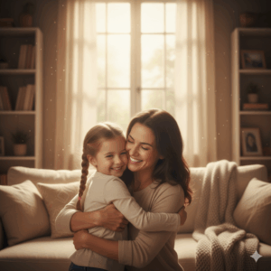 Mother and daughter smiling and hugging in a cozy living room with warm sunlight through the window.