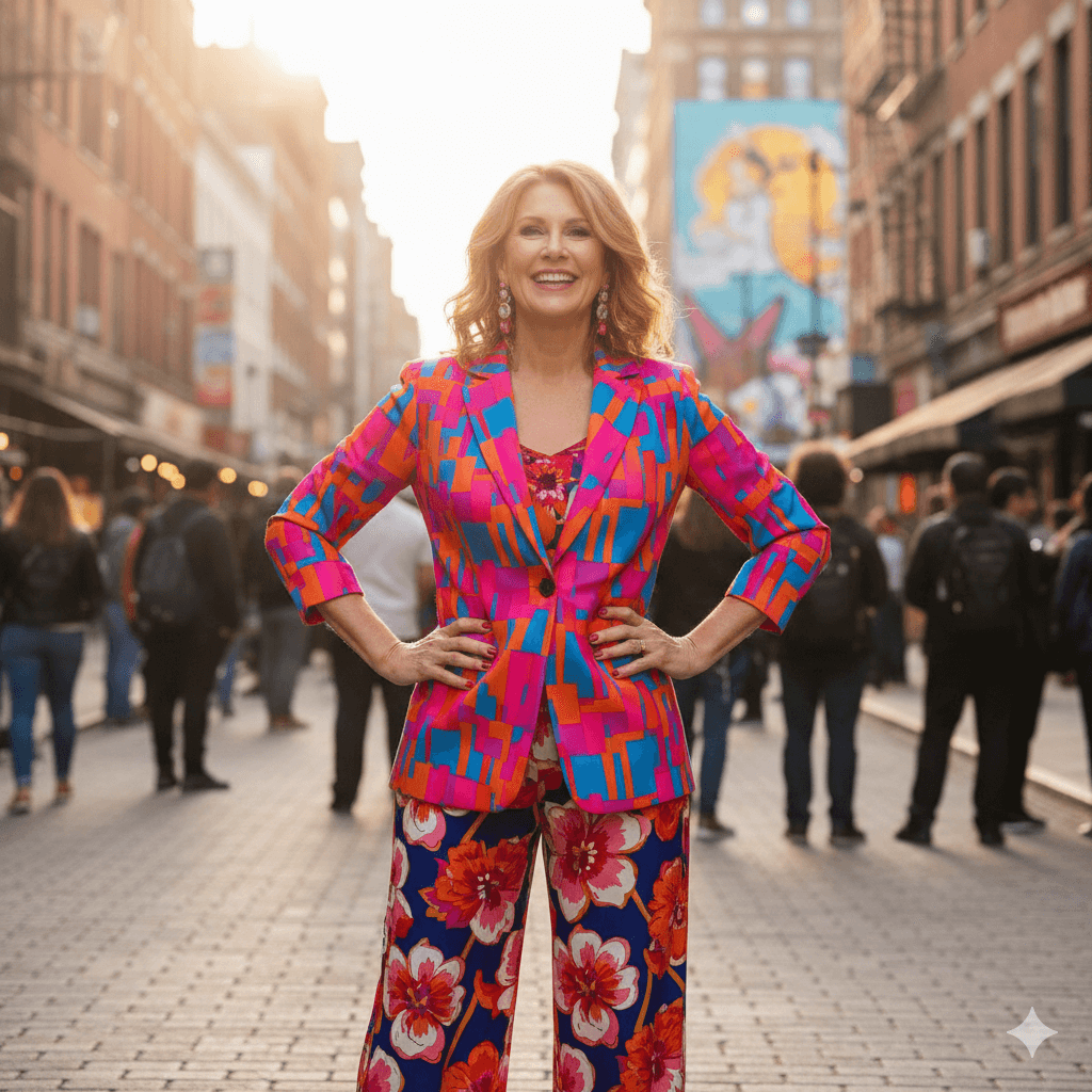 Smiling woman in colorful geometric blazer and floral pants standing confidently on a busy city street.