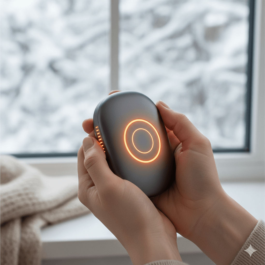 Hands holding a black portable hand warmer with an orange circular light near a snowy window.