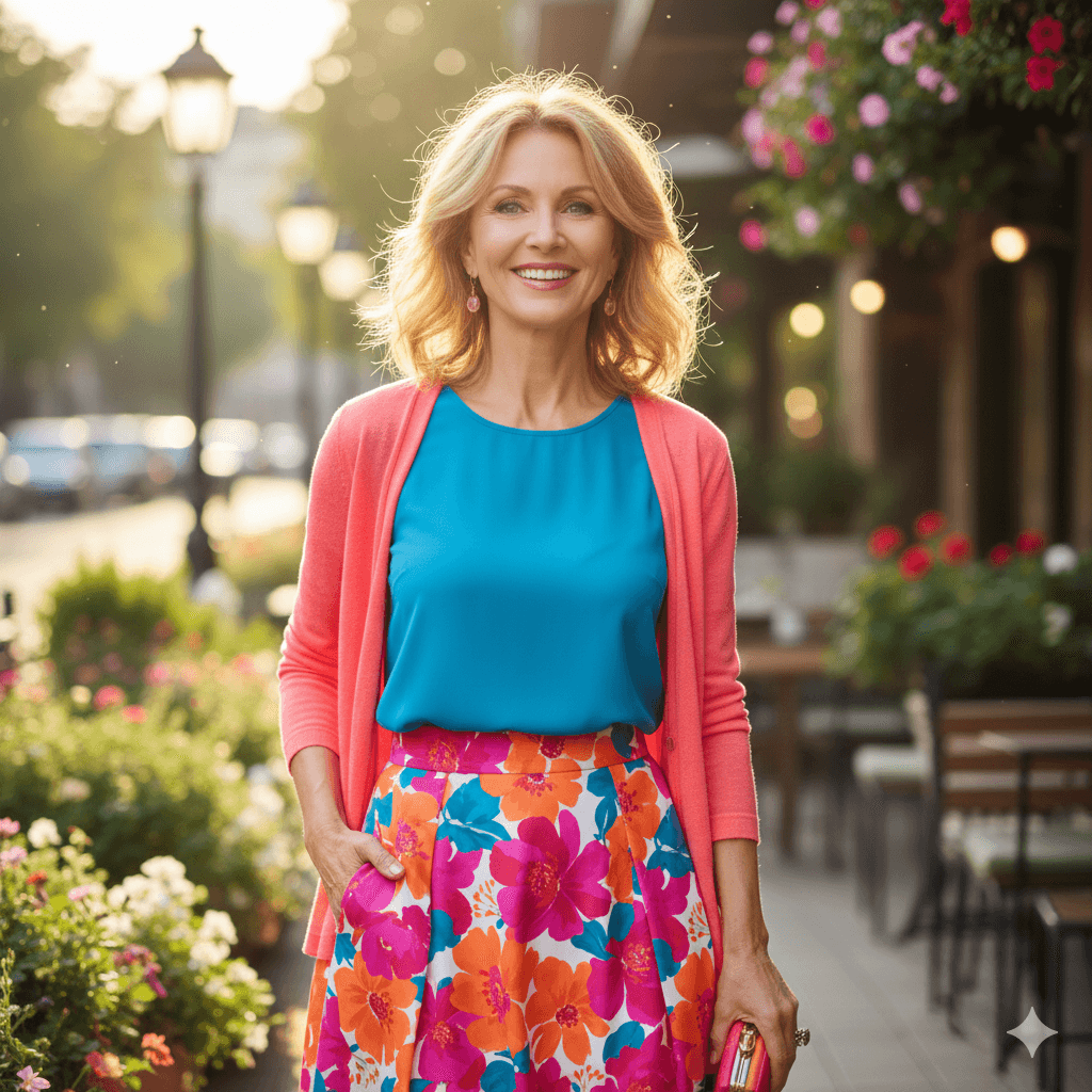 Smiling woman in a blue top, coral cardigan, and floral skirt walking outdoors near flowers and street lamps.