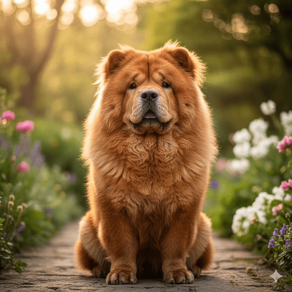 Fluffy brown Chow Chow dog sitting on a garden path surrounded by colorful flowers at sunset