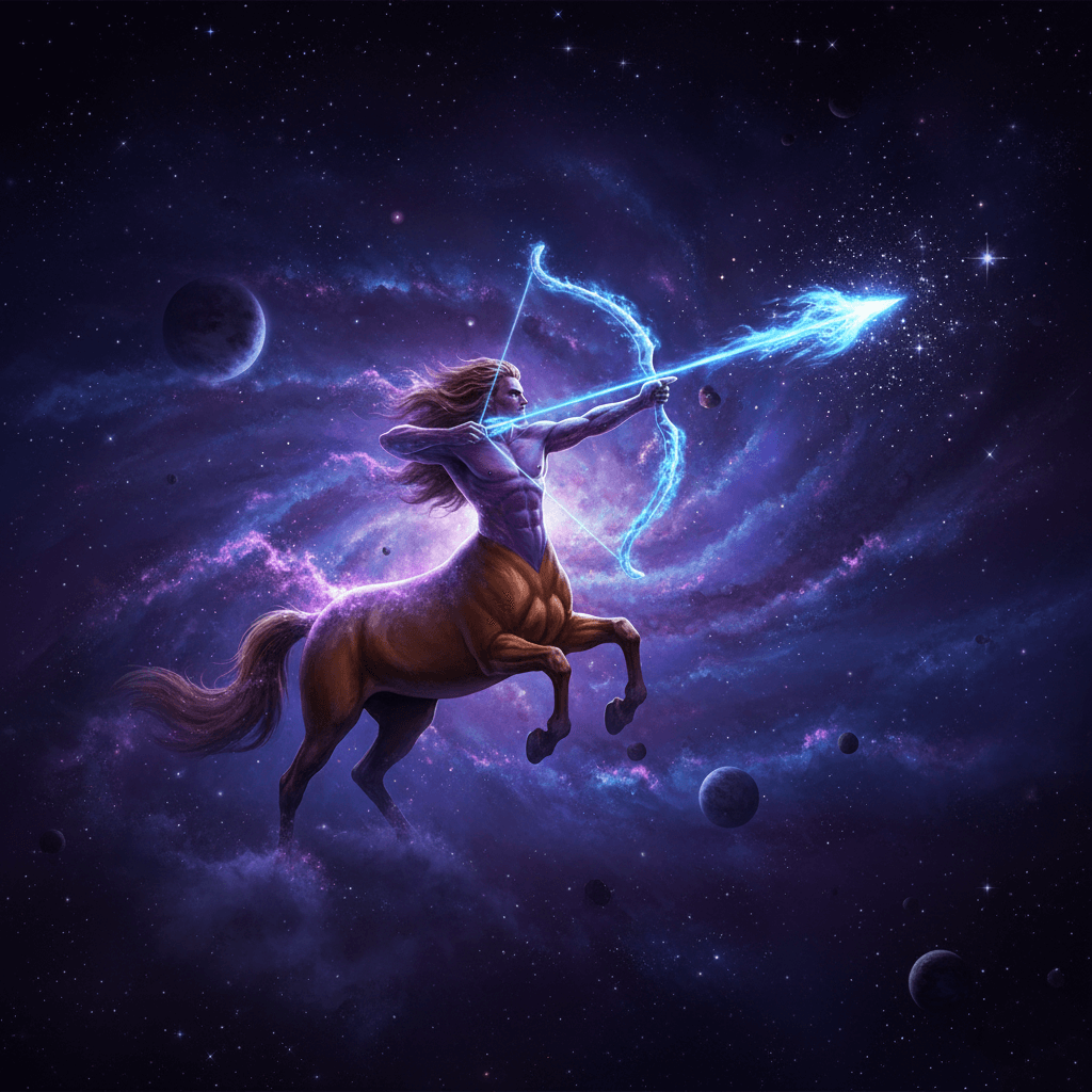 Centaur archer shooting a glowing blue arrow in a cosmic galaxy with planets and stars background.