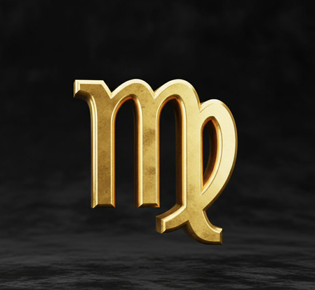 Gold 3D Virgo zodiac symbol on a dark textured background