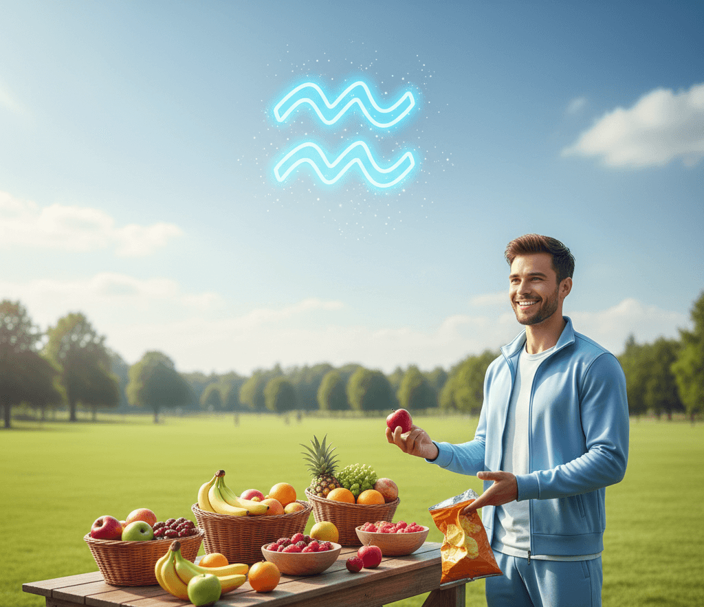 Man in blue tracksuit holding an apple and discarding chips near a table of fresh fruit in a park under an Aquarius symbol