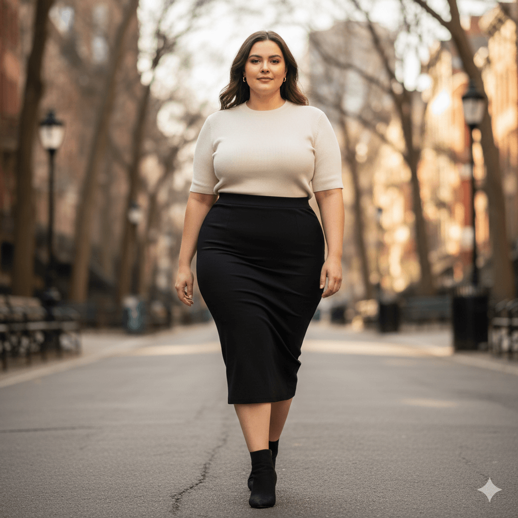 Confident woman walking on a city street wearing a beige top, black pencil skirt, and black ankle boots.