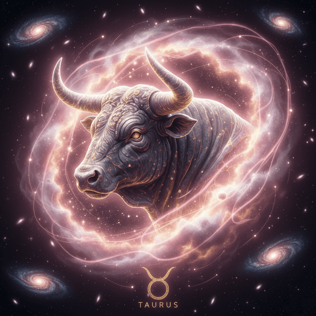 Cosmic illustration of a Taurus bull head surrounded by glowing nebulae and galaxies with the Taurus zodiac symbol below.