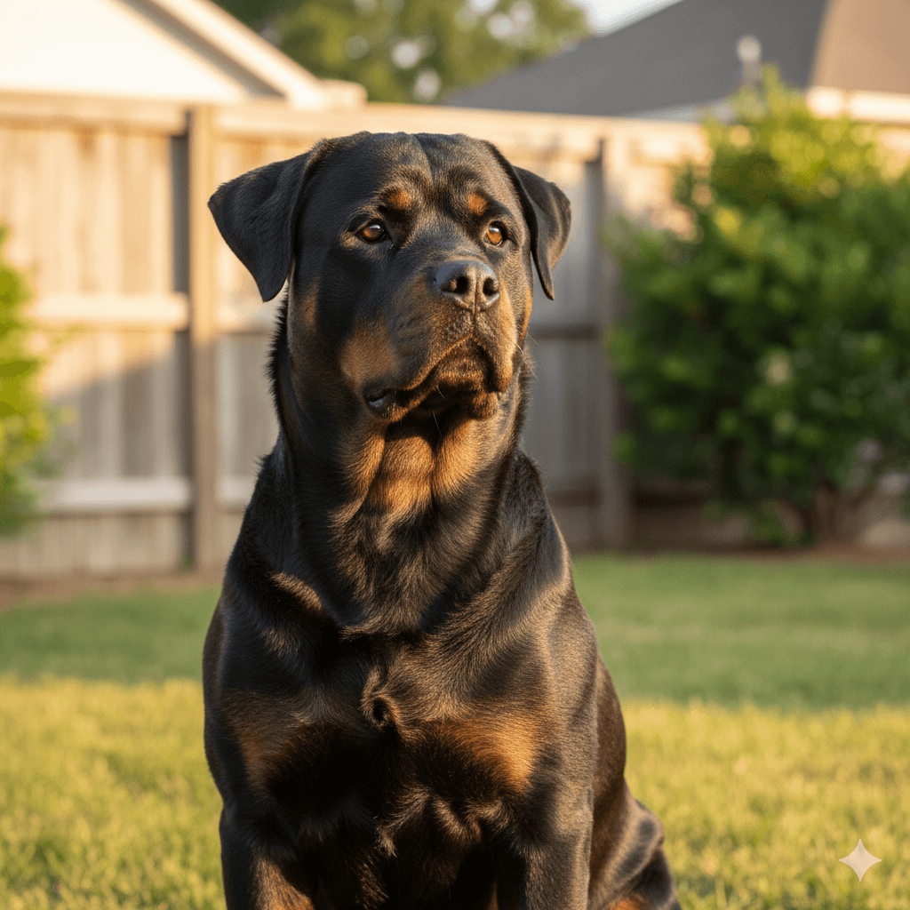 Rottweiler dog sitting attentively in a sunlit backyard with a wooden fence and greenery.