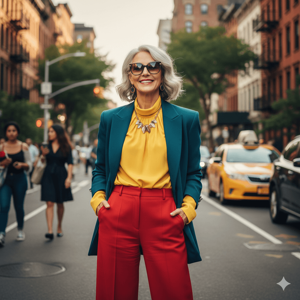 Confident older woman in sunglasses wearing a teal blazer, yellow blouse, and red pants standing on a city street.