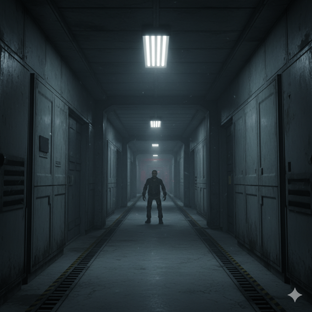 Man standing alone in a dimly lit industrial corridor with metal walls and overhead fluorescent lights