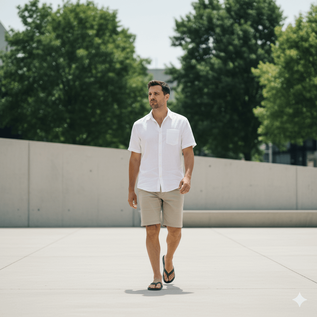 Man walking outdoors wearing a white short-sleeve shirt, beige shorts, and black flip-flops