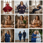 Woman in red dress twirling, woman in purple suit posing, couple cuddling on couch, woman at romantic dinner, woman holding plant, woman eating pasta, woman with chocolate, couple walking by sea, two women sitting on bench smiling
