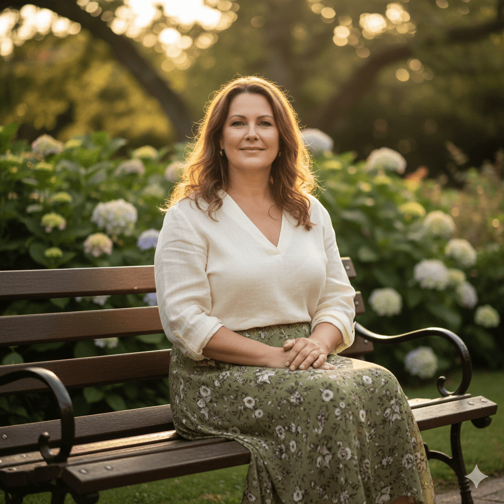 Woman in white blouse and green floral skirt sitting on a park bench with hydrangeas in the background at sunset