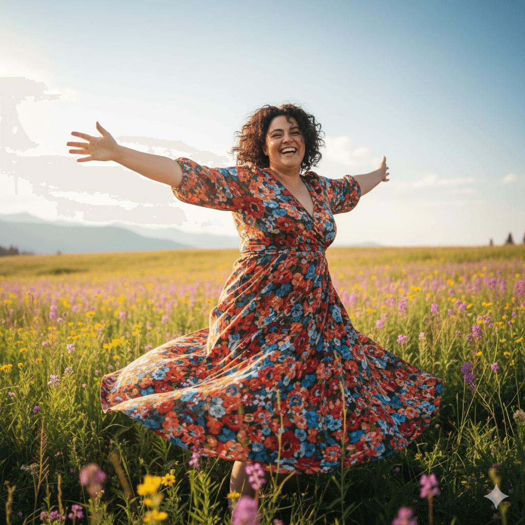 Woman in a colorful floral dress spinning joyfully in a wildflower field at sunset