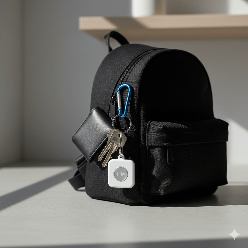 Black backpack with keys, a black wallet, and a white Tile tracker attached by a blue carabiner clip