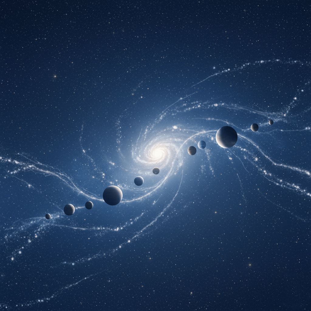 Spiral galaxy with a line of planets of varying sizes orbiting around its bright center in deep space.