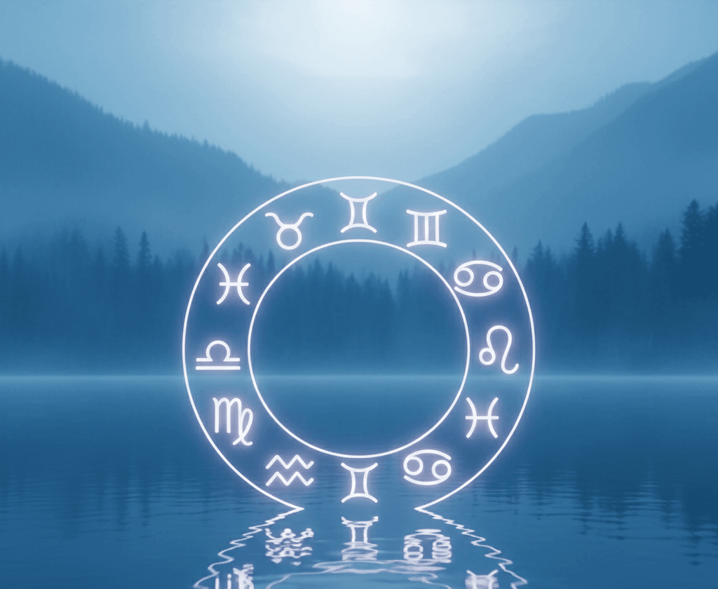 Glowing zodiac wheel with astrological signs reflected on a calm lake surrounded by misty mountains and trees