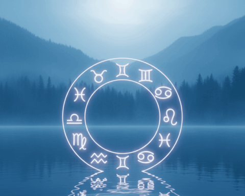 Glowing zodiac wheel with astrological symbols floating above a misty lake surrounded by forested mountains