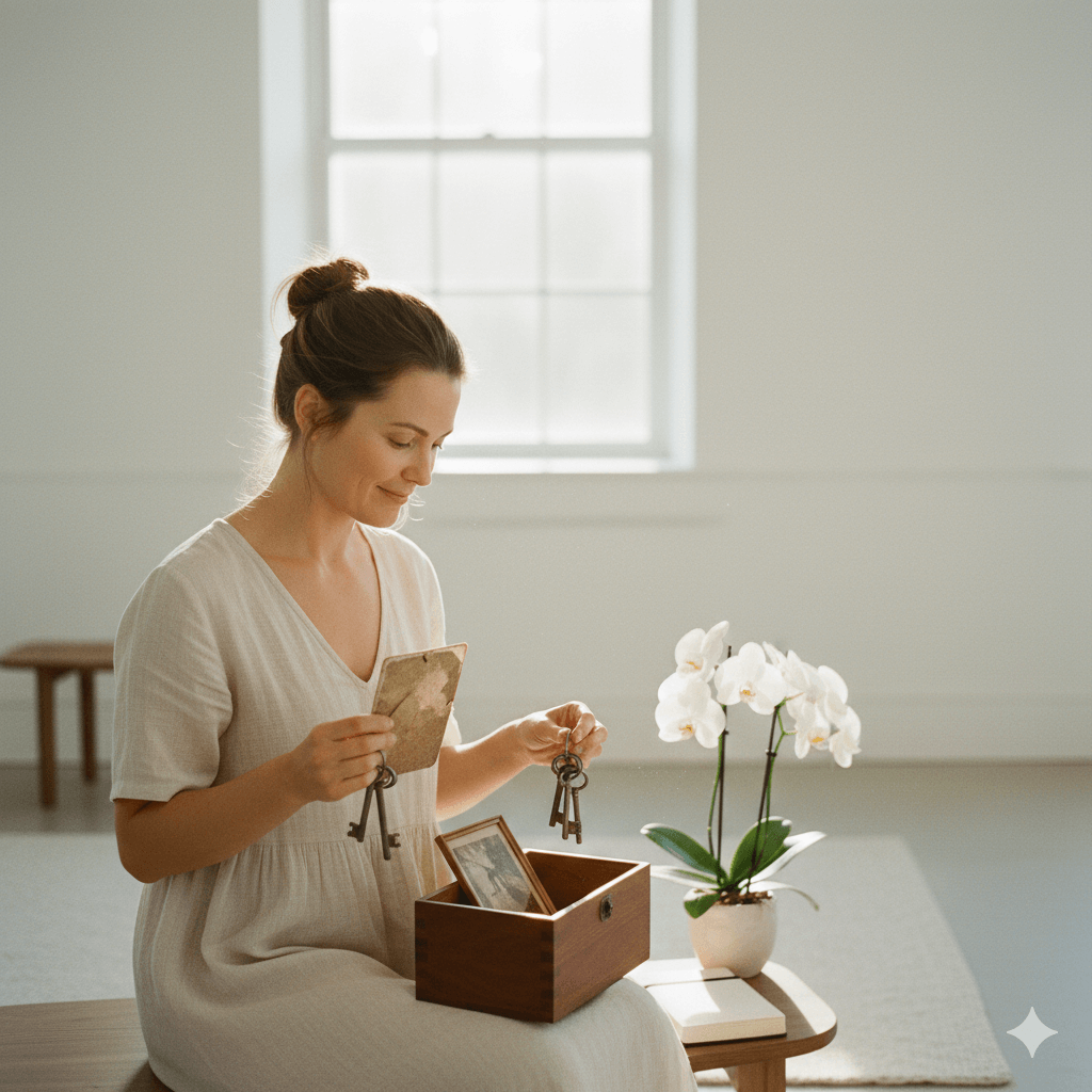 Woman in beige dress holding old keys and a photo while sitting next to a wooden box and white orchid plant