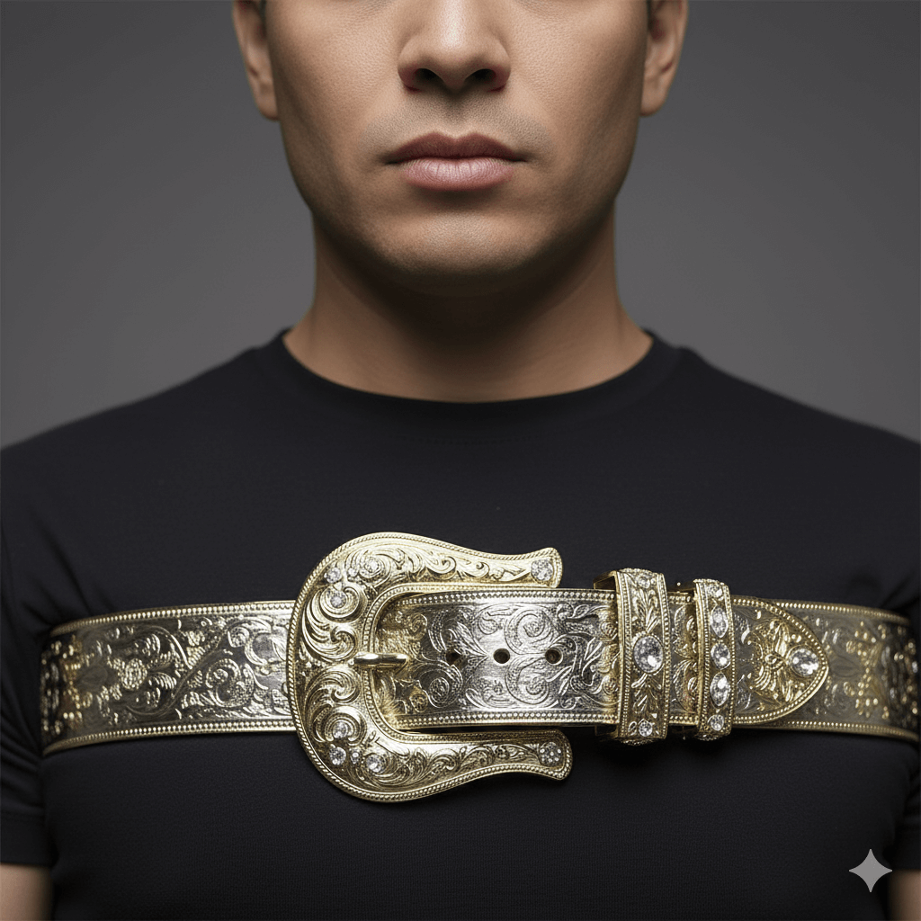 Man wearing an ornate gold belt with intricate floral engravings and embedded gemstones across his chest.