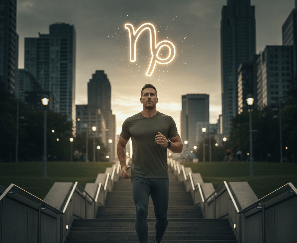 Man jogging down city stairs at dusk with glowing Capricorn zodiac symbol above him
