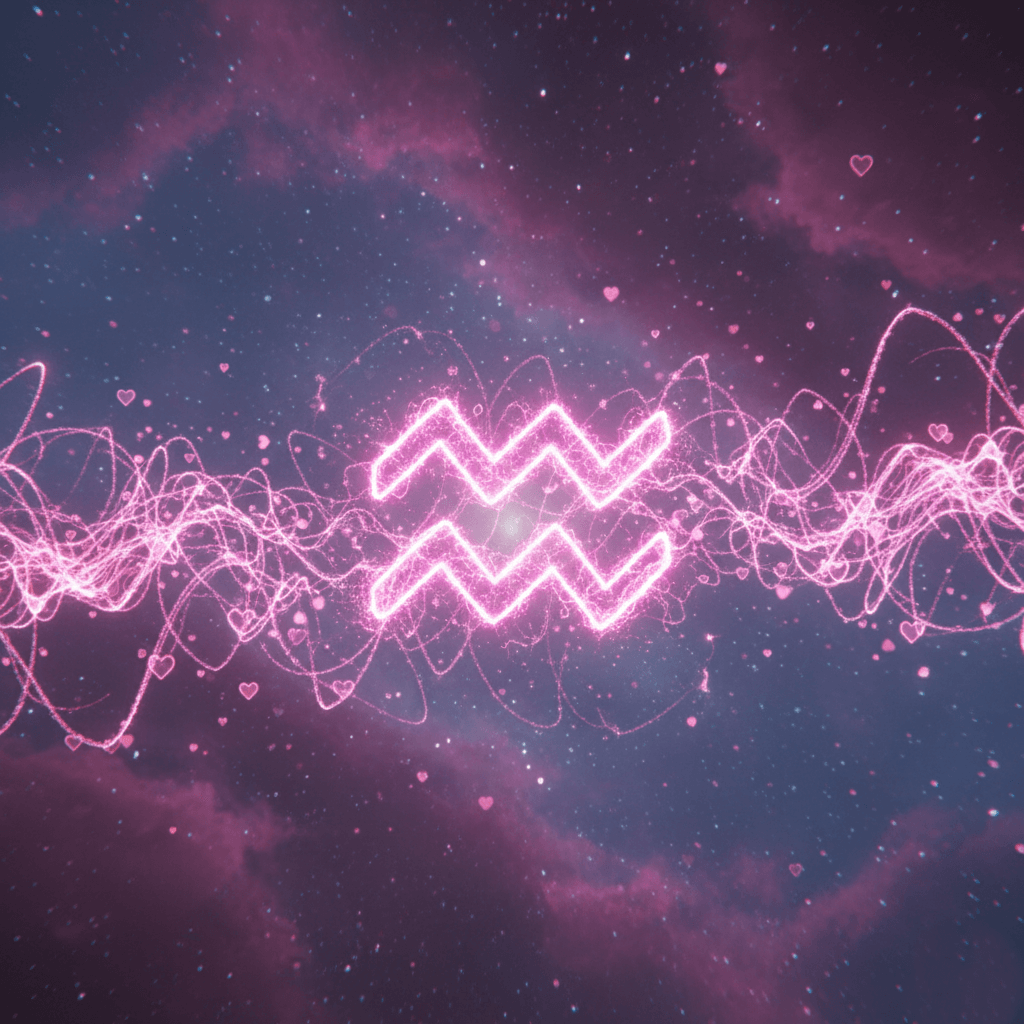 Glowing pink Aquarius zodiac symbol with swirling light waves and small heart shapes in a starry purple sky background