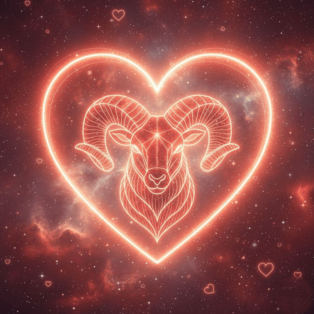 Glowing Aries zodiac ram symbol inside a neon heart against a starry cosmic background