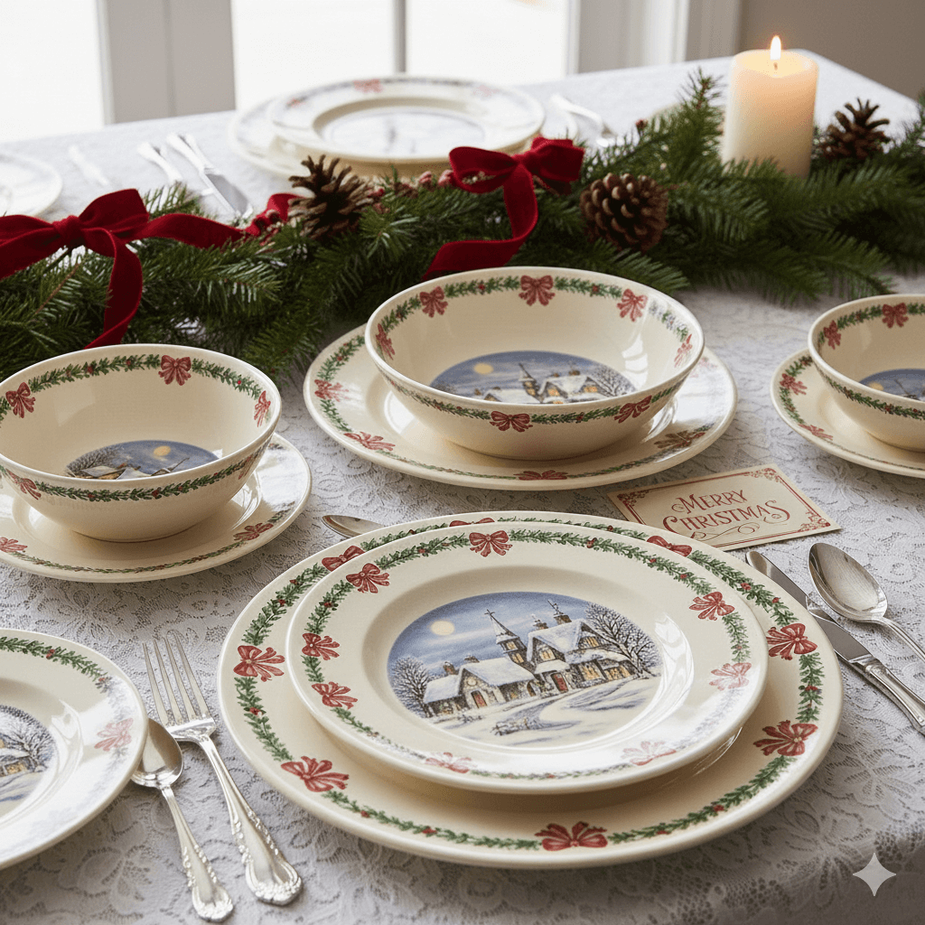 Christmas-themed dinnerware with snowy village scene and red bow garland on lace tablecloth with candle and "Merry Christmas" card