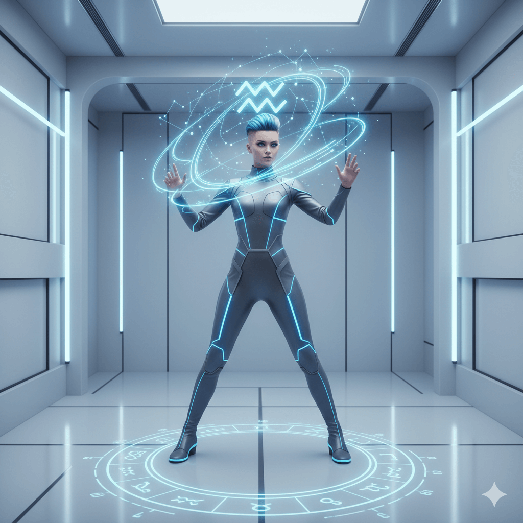 Futuristic woman in glowing suit manipulating a holographic Aquarius zodiac symbol in a high-tech room.