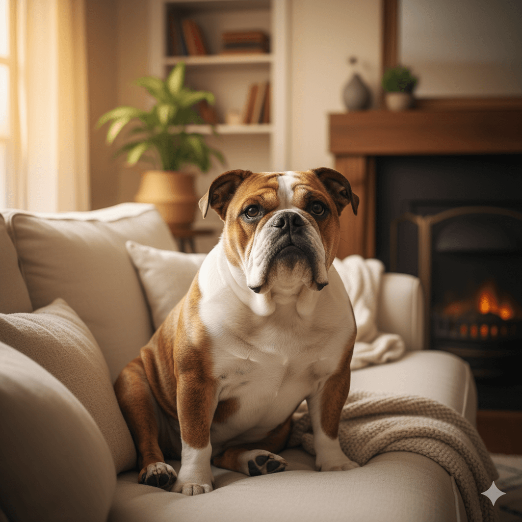 Bulldog sitting on a beige couch in a cozy living room with a fireplace and plants in the background