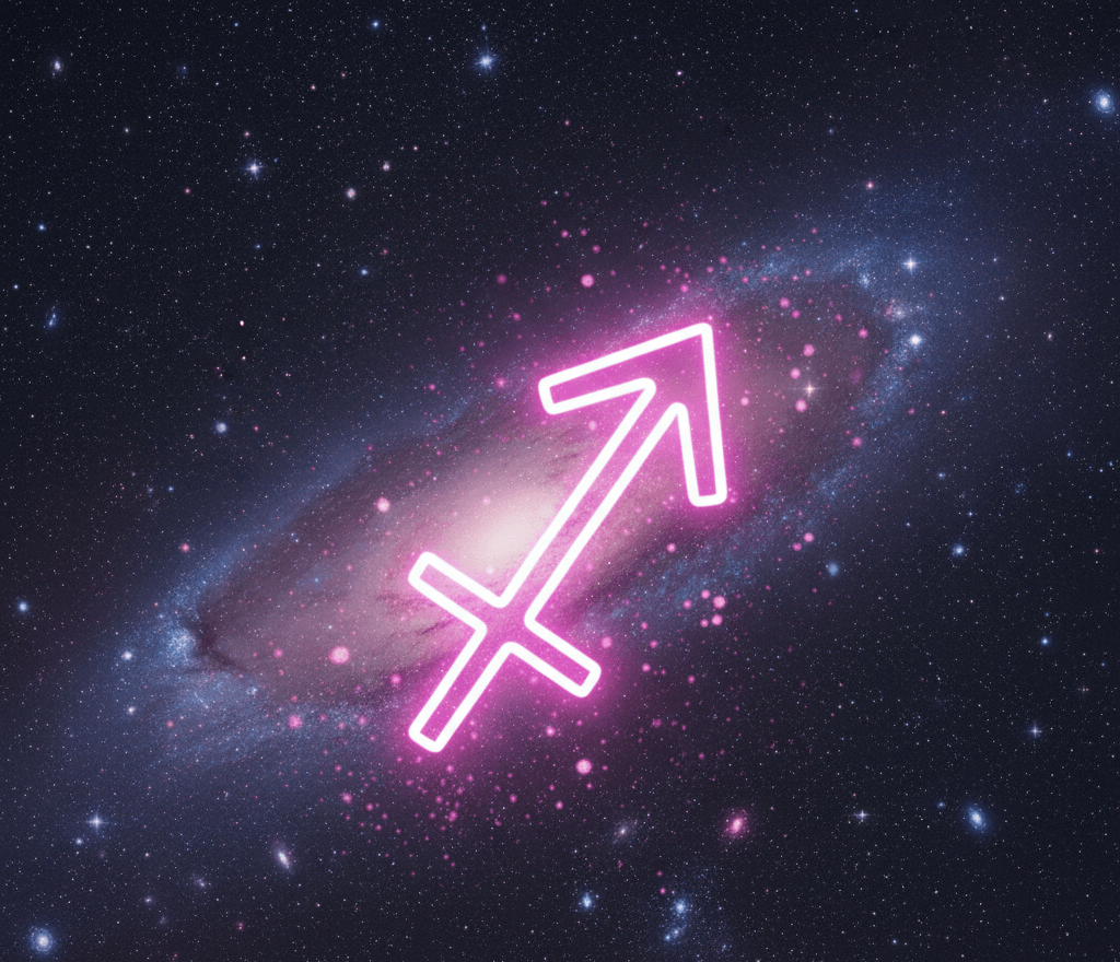 Glowing pink Sagittarius zodiac symbol over a spiral galaxy in outer space.