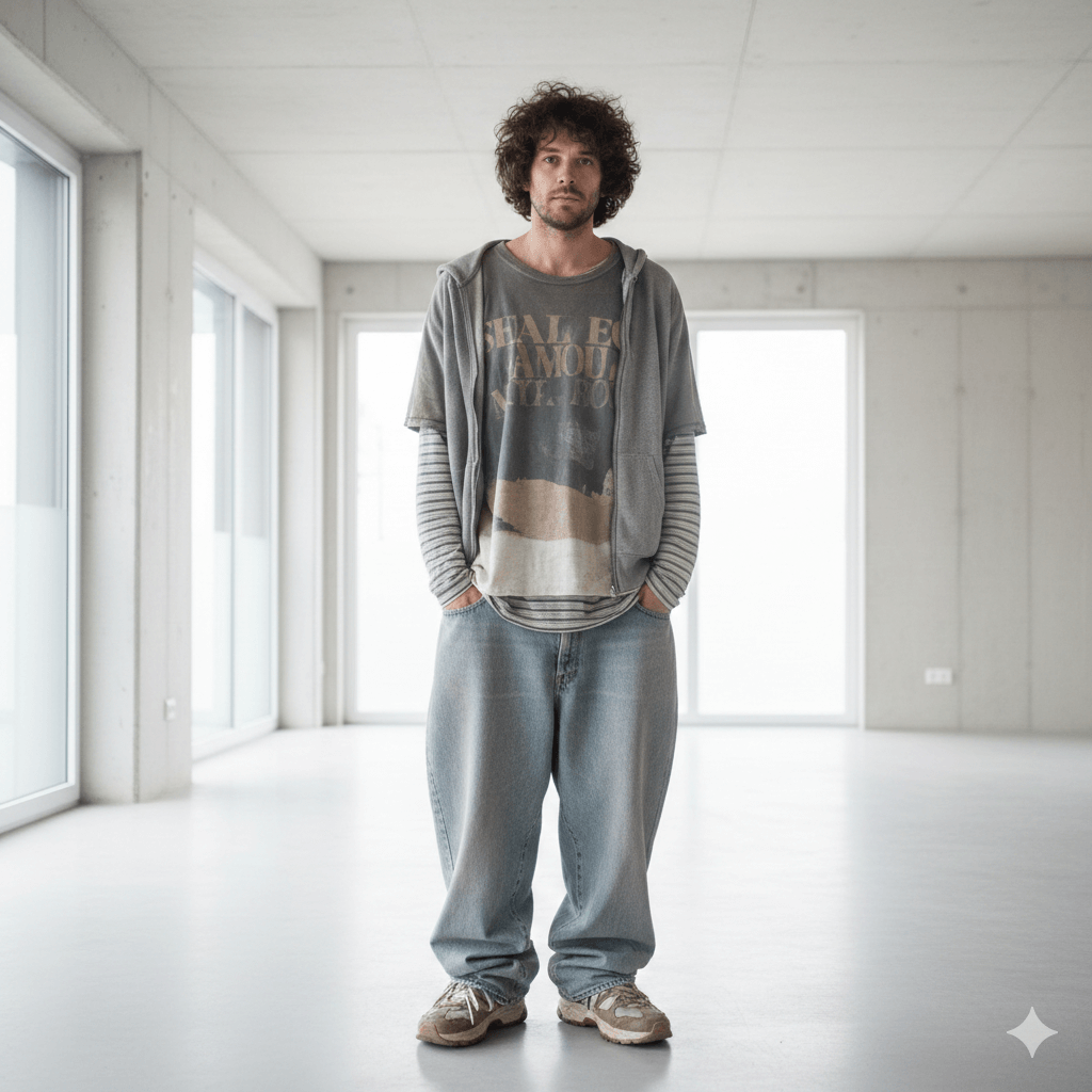 Man with curly hair wearing layered casual clothes and baggy jeans standing in a bright minimalist room