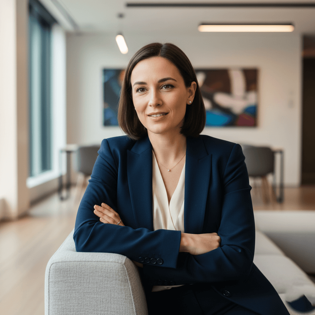 Confident woman in a navy blazer sitting on a couch with arms crossed in a modern office setting.