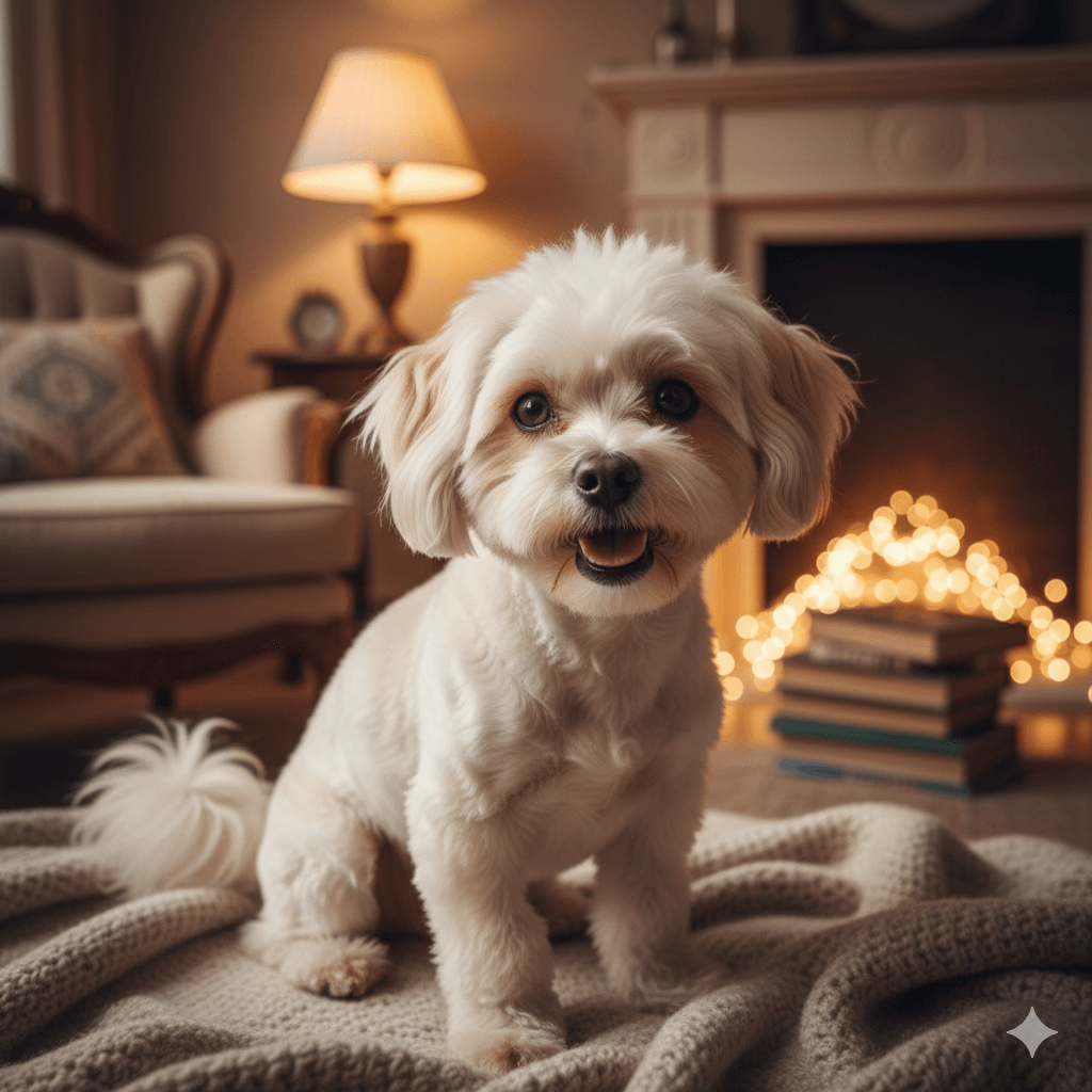 Small white fluffy dog sitting on a blanket in a cozy living room with a lit fireplace and armchair.
