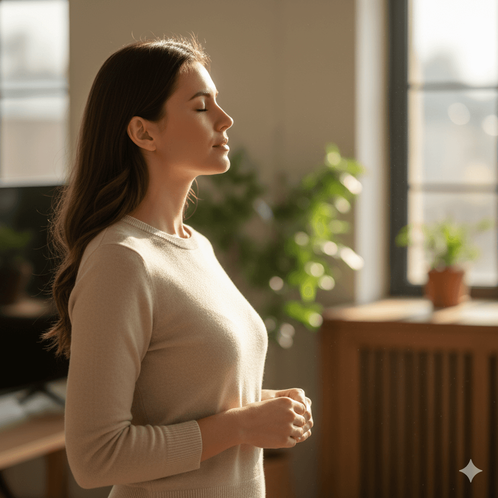 Woman in beige sweater meditating with eyes closed in sunlit room with plants and windows