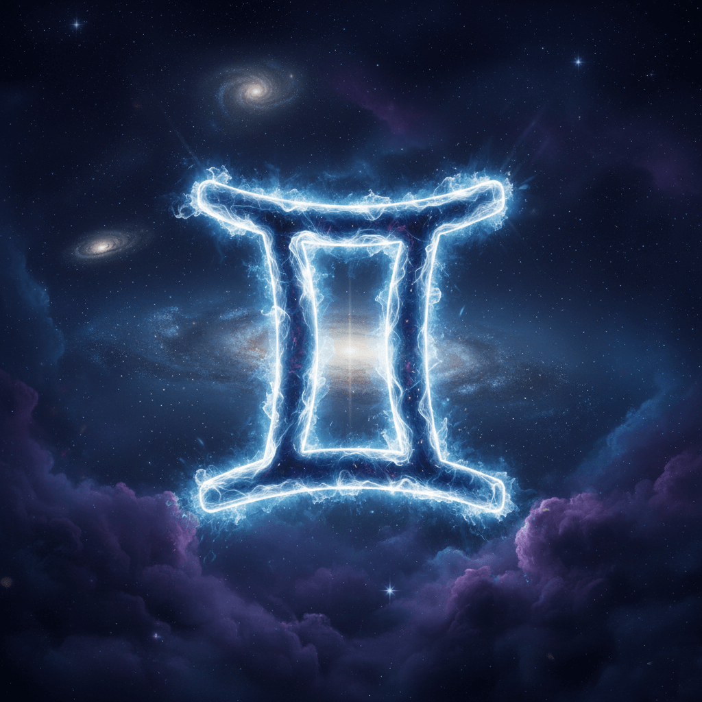 Glowing Gemini zodiac symbol in a cosmic space scene with galaxies and stars.