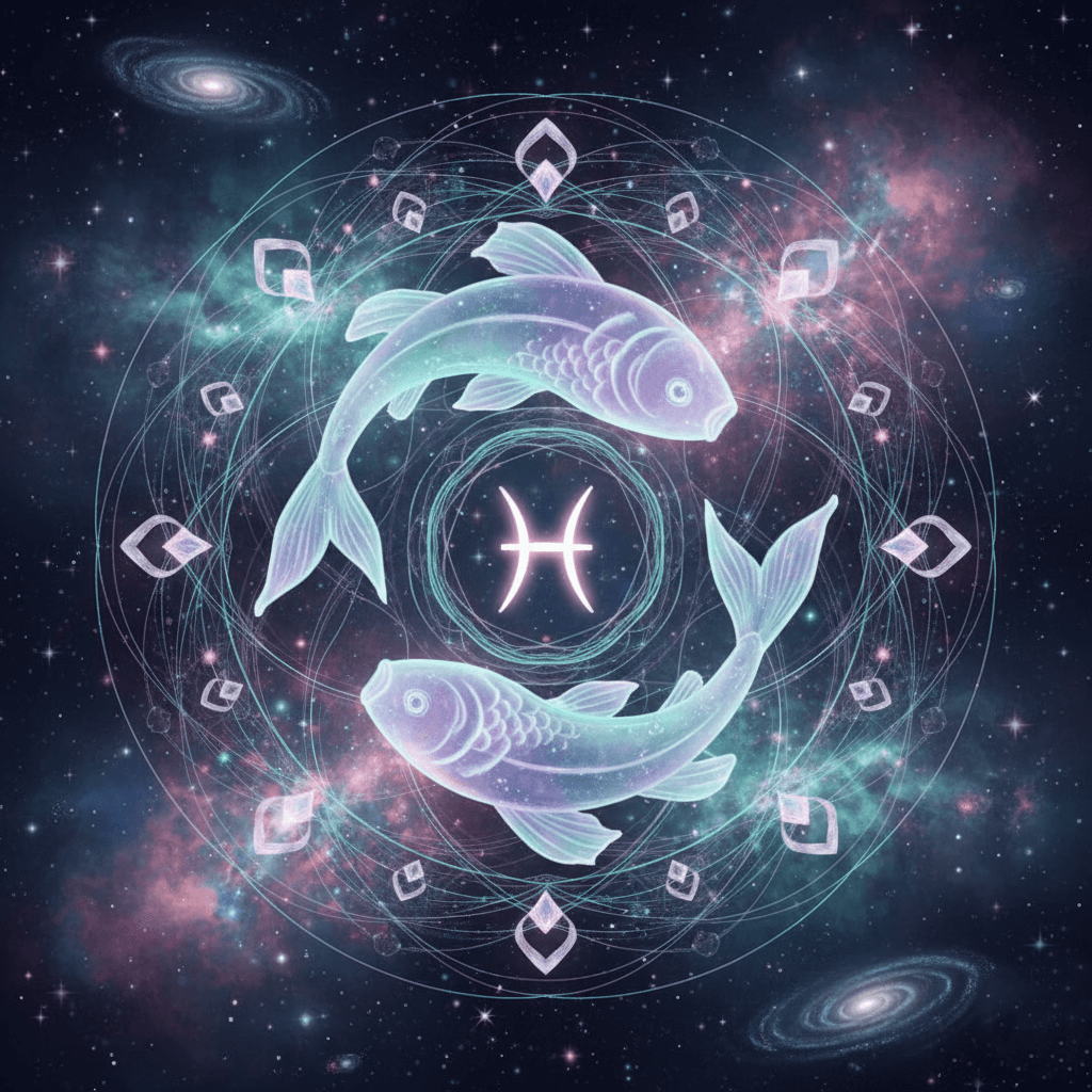 Two glowing fish circling the Pisces zodiac symbol against a cosmic galaxy background