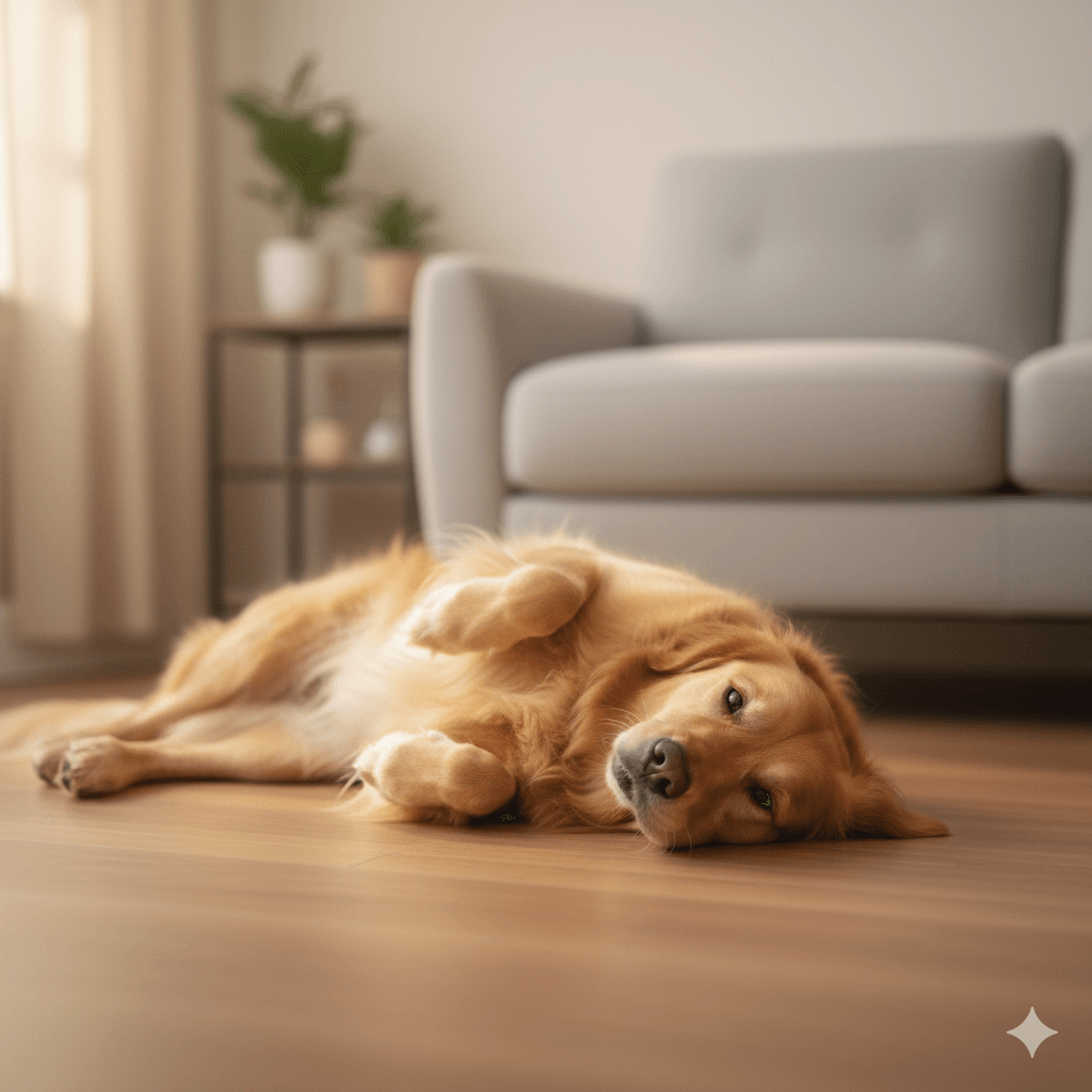 Golden retriever lying on wooden floor in a living room with a gray sofa and plants in the background
