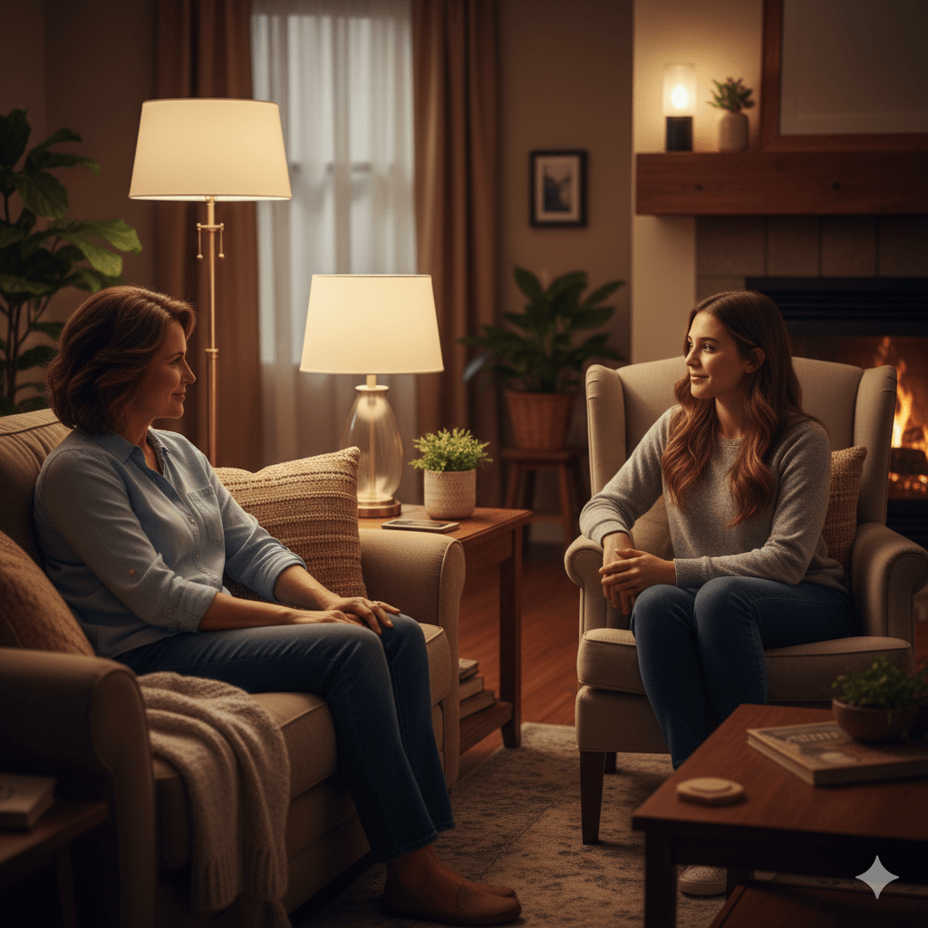 Two women sitting and talking in a warmly lit living room with a fireplace and lamps.