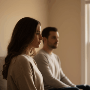 Profile of a woman and a man sitting indoors, both wearing beige sweaters, looking forward thoughtfully.
