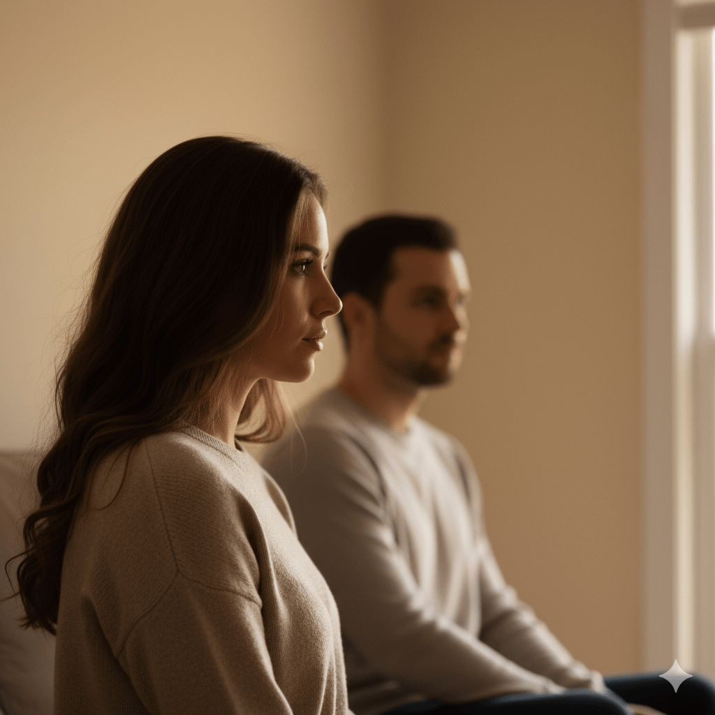 Profile of a woman and a man sitting indoors, both wearing beige sweaters, looking forward thoughtfully.