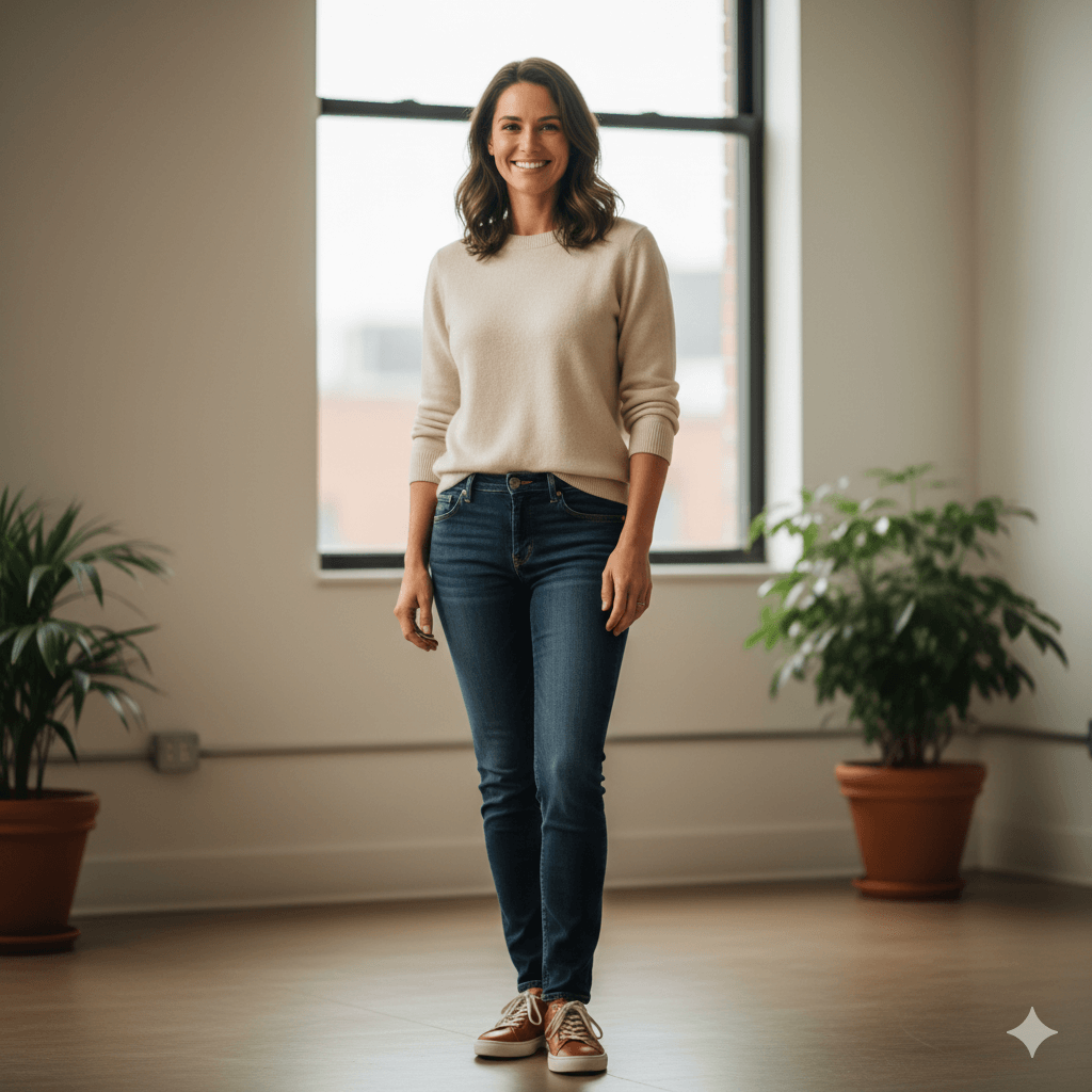 Smiling woman wearing a beige sweater, blue jeans, and brown sneakers standing in a bright room with potted plants.